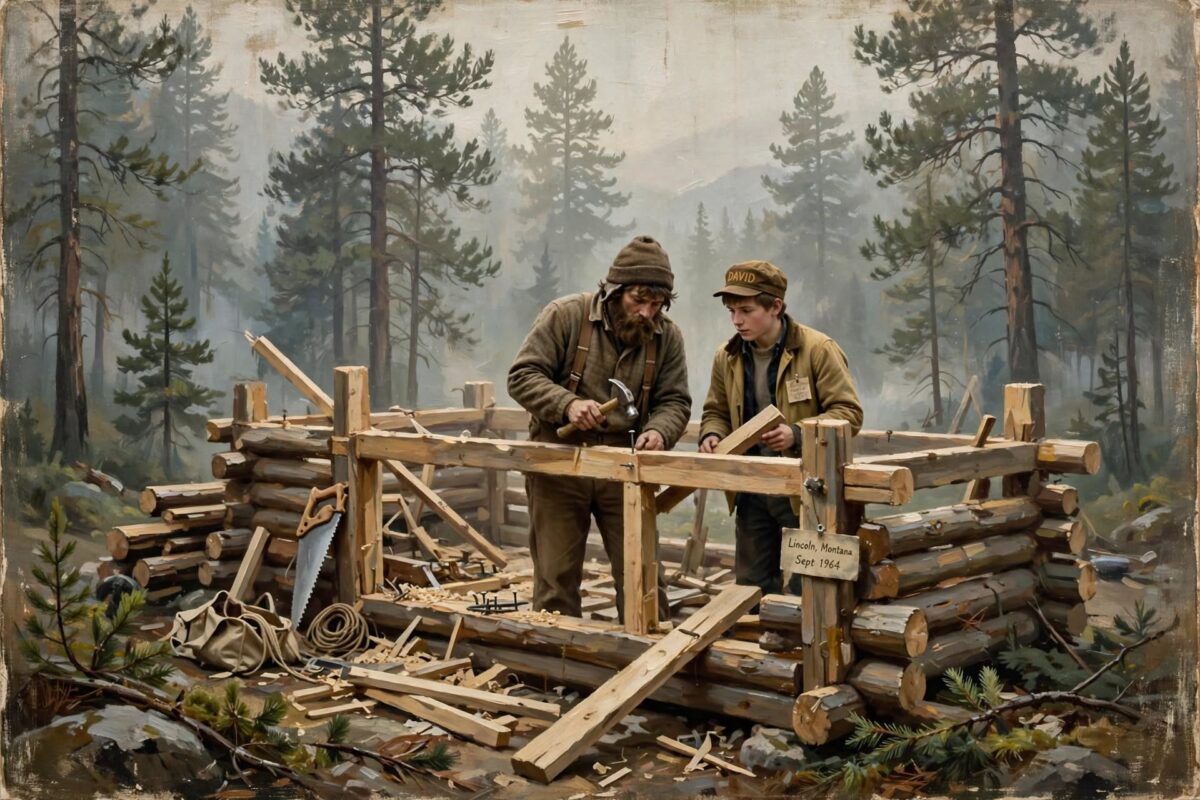 En una zona boscosa y aislada de Lincoln, Montana. Su cabaña medía 3x4 metros y su hermano menor, David, le ayudó a construirla.